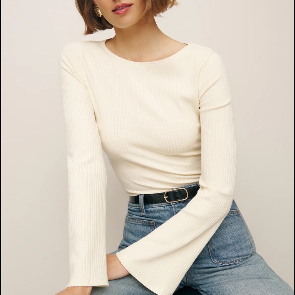 Reformation Cream Fitted Long Sleeve Blouse - Miller Knit Top